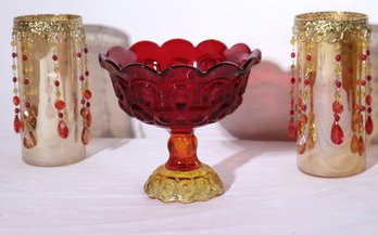 Pretty Red Glass Pedestal Bowl And Decorative Accent Pieces With Hanging Beaded Accents