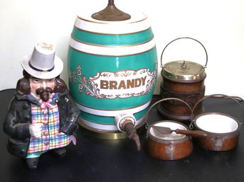 Vintage Brandy Jug Lamp Conversion & Wood Tobacco Humidor Barrels With Porcelain Inserts