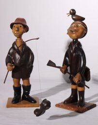 Finely Carved Wood Figural Statues Made In Italy! Including Hunter And Fisherman