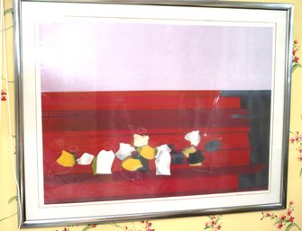 Signed & Numbered Abstract Color Lithograph Attributed To Marek Halter In Chrome Frame