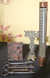 Antique Copper Penn Lock With Antique Keys And Antique Thermometer.