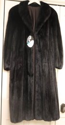 Preowned Black Saga Mink Ladies Fur Coat With Narrow Collar.