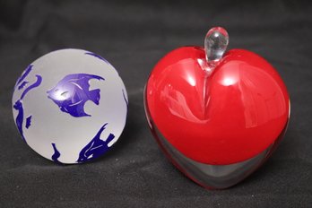 Frosted Glass Paperweight With Blue Fish And Red Heart Perfume Bottle.
