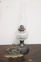 Antique Glass Kerosene Lamp & Brass Letter Holder.