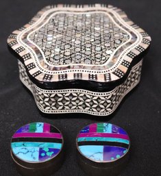 Two Sterling Silver Pillboxes With Inlaid Stone And An Inlaid Jewelry Box.