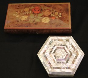Vintage Italian Music Box With Floral Inlay And Mother Of Pearl Box.