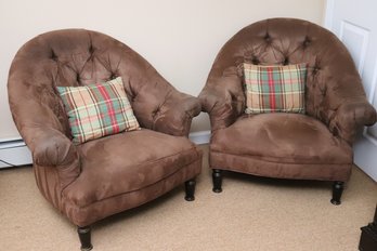 Pair Of Cozy And Comfortable Tufted Chocolate Toned Arm Chairs With A Brown Microfiber Upholstery