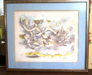 Color Lithograph By Chaim Gross Titled Summer Time With Women Flying On The Back Of A Dove
