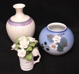 Collectible Royal Copenhagen Blackberry Vase, Aynsley Flowers And Signed Ceramic Vase.