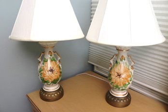 Pair Of Vintage Porcelain Lamps With Yellow Flowers And Fabric Shades.