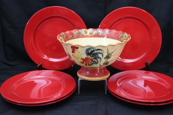 Max Cera Hand Painted Red Rooster Bowl And Set Of 6 Red Dinner Plates By Waechtersbach Germany