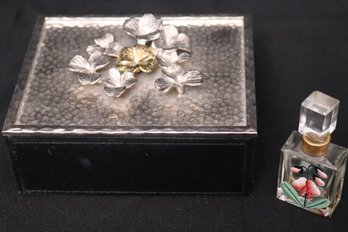 Michael Aram Metal Trinket Box With Clovers, And A Caron Mini Perfume Bottle.