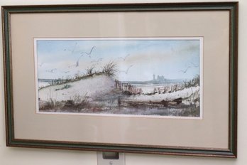 Signed Watercolor Painting Of Sand Dunes & Seagulls.