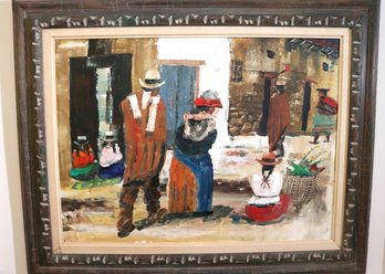 Mid Century Painting Of Street Scene & People & In Cusco Peru, Signed Salomon, 1974