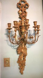 Pair Of Long Vintage French Style Carved Wood Decorative Wall Sconces With 5 Protruding Metal Arms
