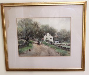 Watercolor Painting Of Farmhouse With Cows On Dirt Road.
