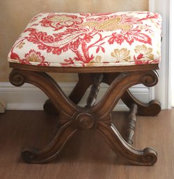 William And Mary Style Oak Wood Stool With Custom Quality Red And Gold Floral Fabric