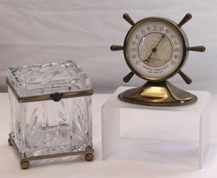 Includes A Brass/glass Casket Box And Colonial Ribbon Mills New York City Decorative Ship Wheel Clock