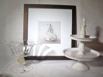 Fill Your Bowl With Kisses, Hershey Kiss Print By Carolina Valentin, Pedestal Bowl Murano Signed By The Artist