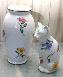 Sintra By Tiffany And Co. Vase And Cat With Floral Motif.