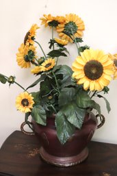 Double Handled Copper Urn With Silk Sunflowers.