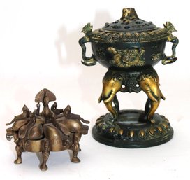 Vintage Brass Kumkum Box With 6 Compartments & Peacock Accents, Includes Metal Incense Holder With Elephan