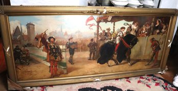 Oversized Horizontal Antique Painting Of A Feudal Knight Tournament Scene 8' W X 3'9'' T