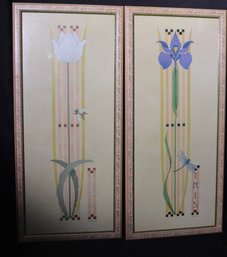 Two Iris And Tulip Prints In The Style Of Charles Rennie Macintosh In Stenciled Wooden Frames.