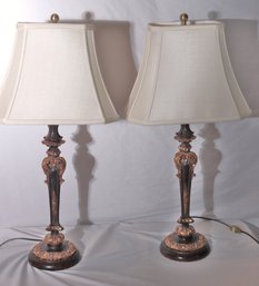Pair Of Fine Alseca Replicas Victorian Candlestick Style Parlor Table Lamps With Silk Pleated Shades