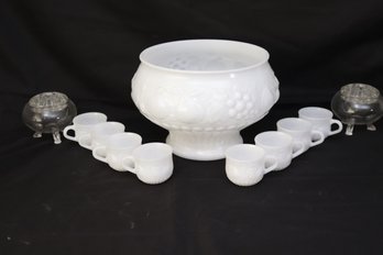White Milk Glass Punch Bowl Set With Embossed Fruit Motif & Glass Frog Vases