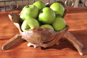 Natural Carved Wood Bowl With Decorative Green Apples