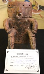 Pre-Colombian Figure Of Seated Man With Gold Nose Ring With Certificate Paper 1975.
