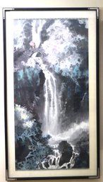 Vintage Chinese Painting On Silk Of Landscape With Waterfall, Poem & 3 Red Seals
