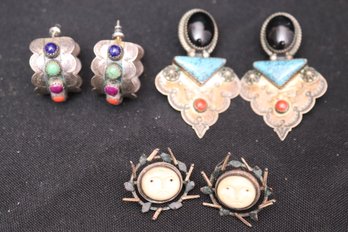 Interesting Collection Of 3 Vintage Signed Sterling Silver Earrings With Stones.