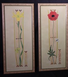 Two Lily And Poppy Prints In The Style Of Charles Rennie Macintosh In Stenciled Wooden Frames.