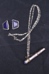 Sterling Silver Perfume Bottle On Silver Chain And Silver Earrings With Lapis.