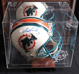 Dan Marino Autographed Helmet In Mirrored Back Case With Plexiglass Cover COA # 034474, Riddell Size L.