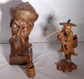 Vintage Ceramic Wiseman Bust? Includes A Carved Wood Figure Of An Asian Wiseman With Water Pail