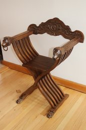 Unique Carved Wood Folding Chair With Figural Lion Head Armrest