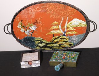 Asian Decorative Tray, Enamel Silent Butler And Mother Of Pearl Coasters.