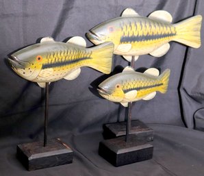 Three Decorative Wooden Fish On Stands