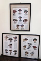 Three Antique Illustrations Of Vintage Hat Styles And Beautiful Ladies Of The 1900s.