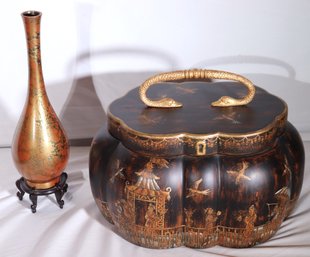 Painted Metal Vase And Chinoiserie Style Basket With Handle