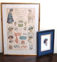 Two Antique Illustrations Of The Little Things That Girls Love And Lady In Plumed Hat.