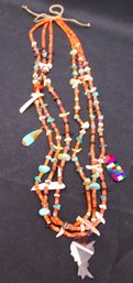 Vintage Native American Necklace, With Coral, Turquoise And Shells In A 3-strand Necklace 28 Inches L.