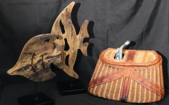 Two Primitive Carved Fish On Stands And Decorative Fishing Basket.