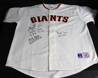 SF Giants Autographed Jersey By Gaylord Perry, Monty Irvin, And Dusty Rhodes With COA From Play Ball.