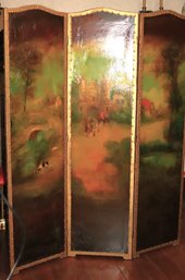 Vintage 3 Panel Hand Painted Fox Hunting Scene Screen, As Pictured