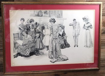 Signed Gibson Girl Era Pen And Ink Drawing Of Family Scene.
