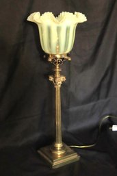 English Brass Corinthian Column Lamp With Vaseline Glass Shade